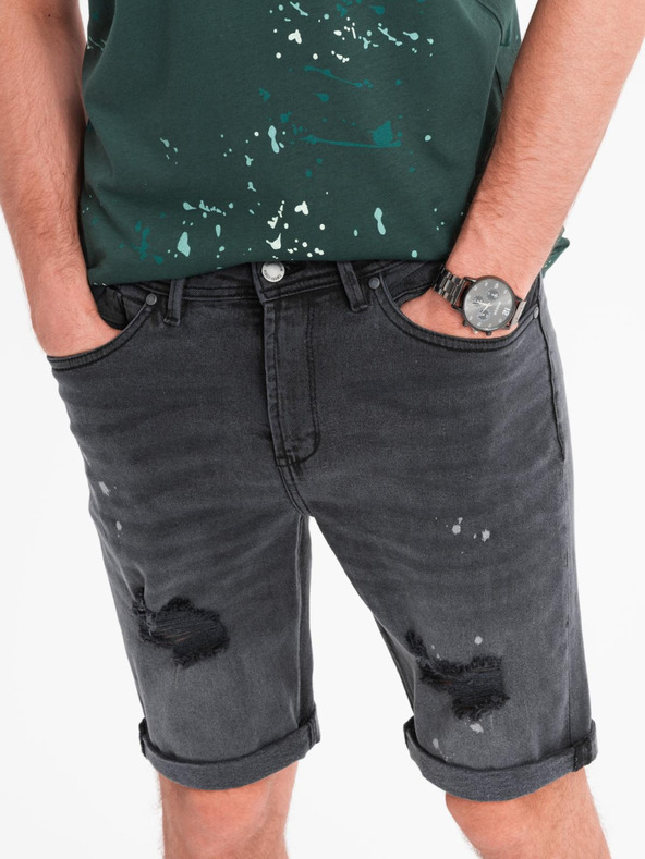 Ombre Clothing Pánske krátke džínsové šortky s roztrhaním a ohrnutým lemom - šedé