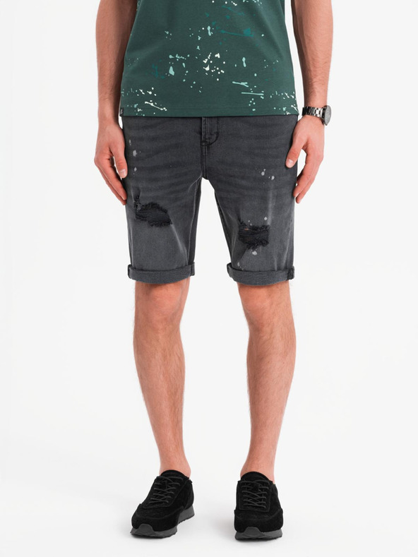 Ombre Clothing Pánske krátke džínsové šortky s roztrhaním a ohrnutým lemom - šedé