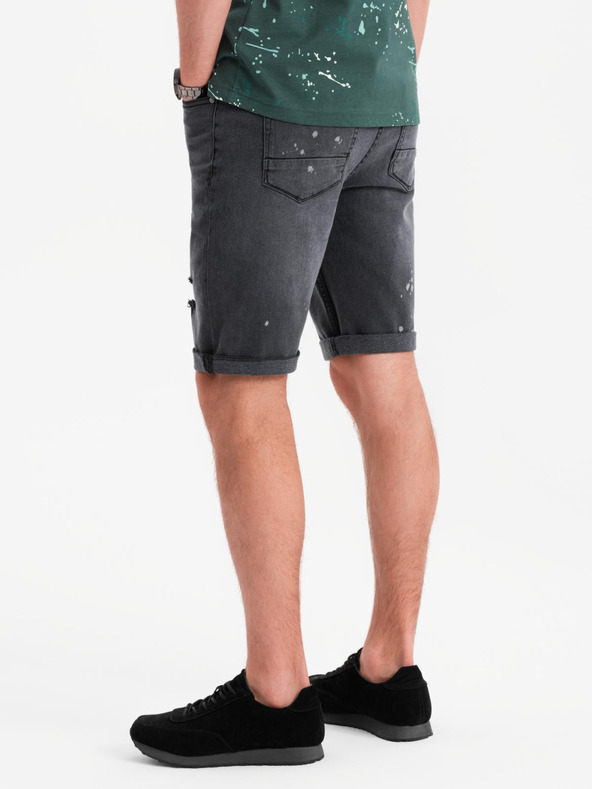 Ombre Clothing Pánske krátke džínsové šortky s roztrhaním a ohrnutým lemom - šedé