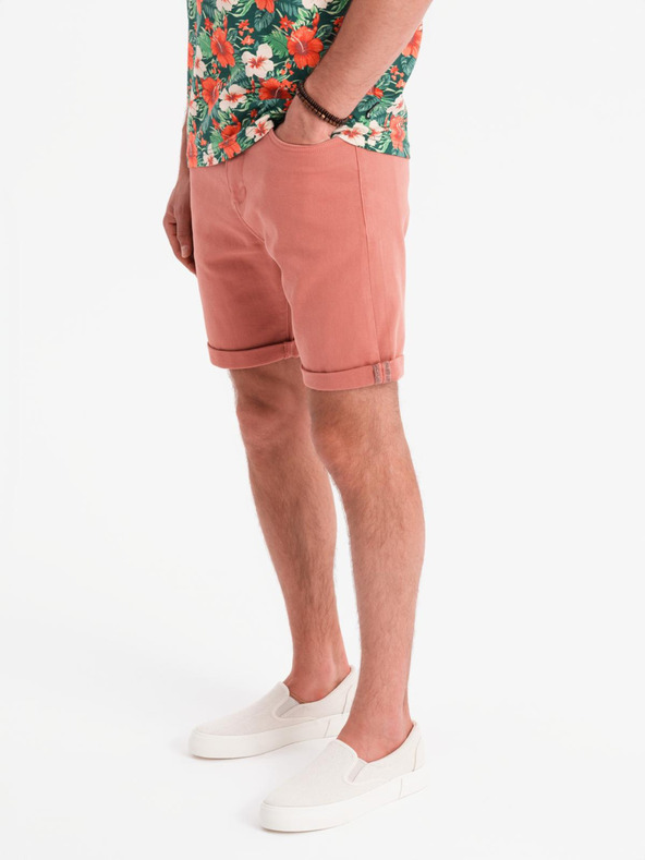 Ombre Clothing Pánske džínsové šortky s ohrnutým lemom - korálové