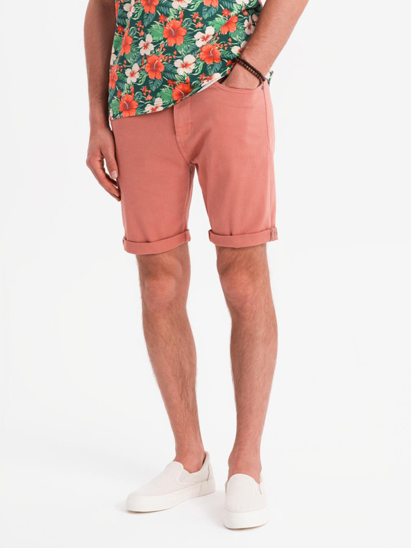 Ombre Clothing Pánske džínsové šortky s ohrnutým lemom - korálové