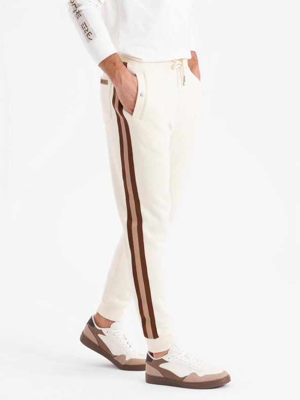 Ombre Clothing Pánske tepláky s lemovaním a rebrovanými lemami nohavíc - krémové