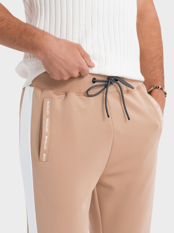 Ombre Clothing Pánske tepláky joggers s kontrastnými pruhmi - béžové