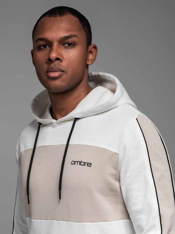 Ombre Clothing Pánska bavlnená mikina s kapucňou a kontrastnými detailmi - biela