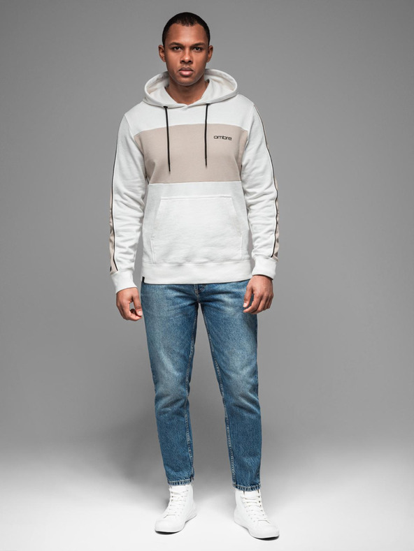 Ombre Clothing Pánska bavlnená mikina s kapucňou a kontrastnými detailmi - biela