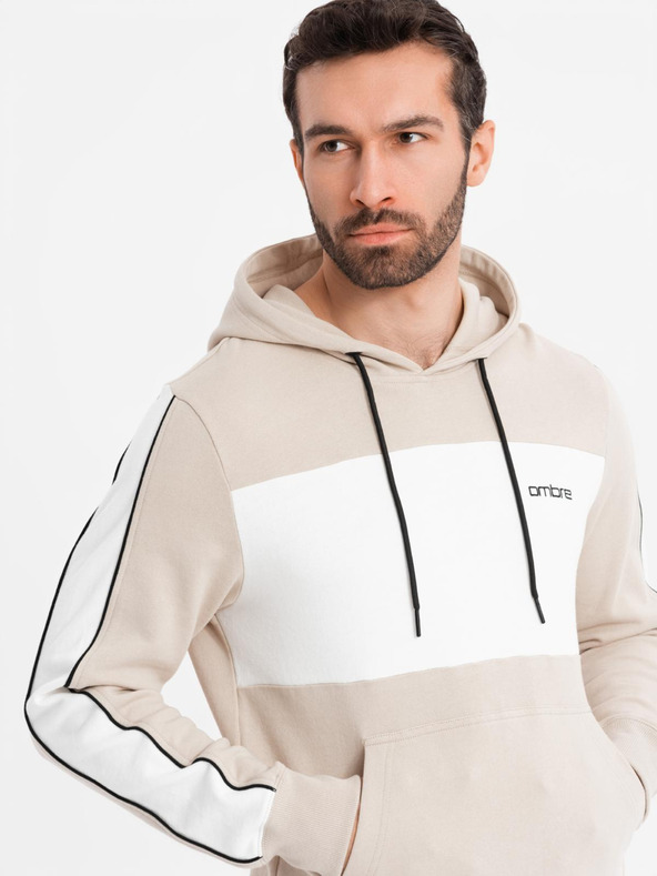Ombre Clothing Pánska bavlnená mikina s kapucňou s kontrastnými prvkami - béžová