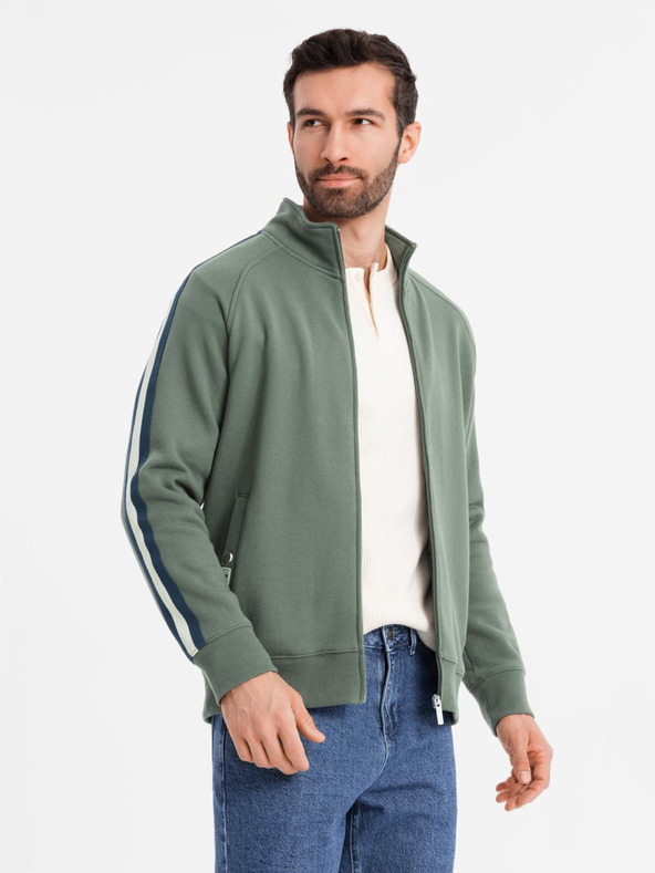 Ombre Clothing Pánska mikina s vysokým golierom a pruhmi - olivová