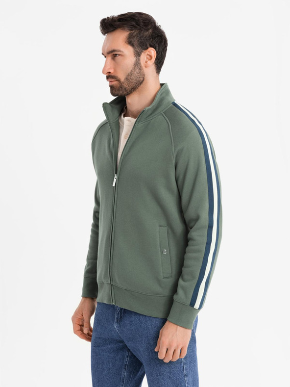 Ombre Clothing Pánska mikina s vysokým golierom a pruhmi - olivová