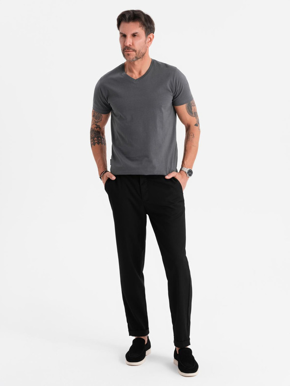Ombre Clothing Pánske klasické bavlnené tričko BASIC s výstrihom do V - grafitová