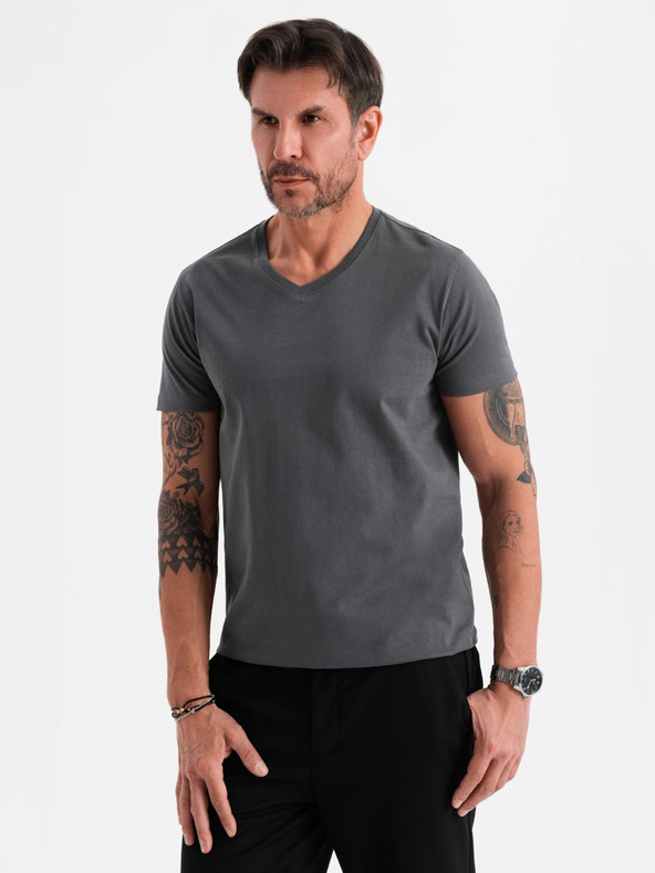 Ombre Clothing Pánske klasické bavlnené tričko BASIC s výstrihom do V - grafitová