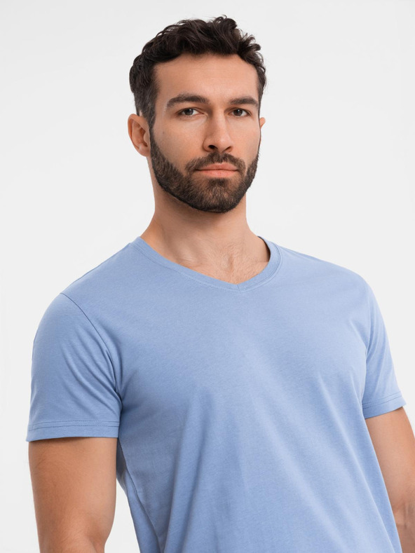 Ombre Clothing Pánske klasické bavlnené tričko BASIC s výstrihom do V - modré