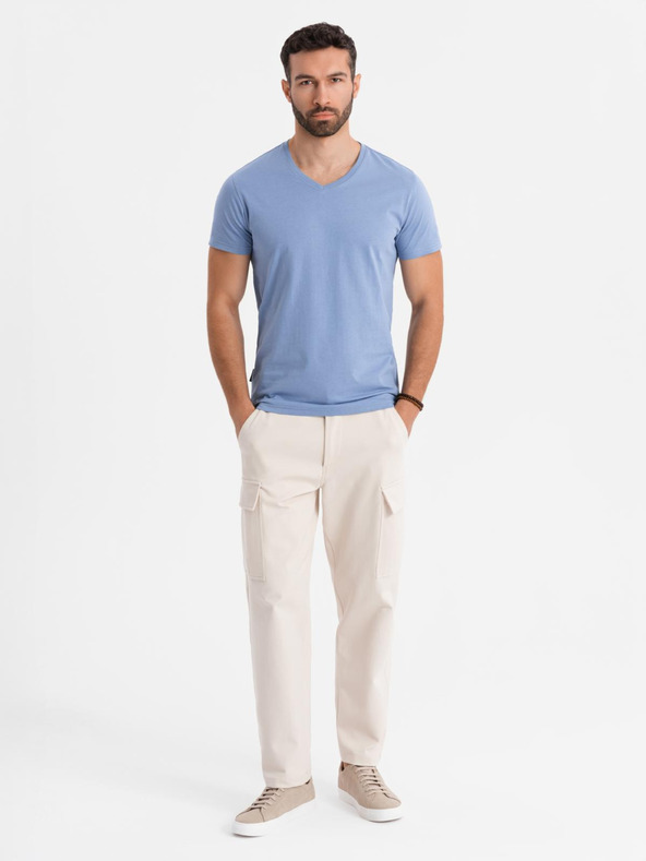 Ombre Clothing Pánske klasické bavlnené tričko BASIC s výstrihom do V - modré
