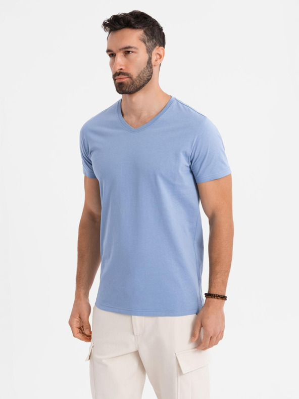 Ombre Clothing Pánske klasické bavlnené tričko BASIC s výstrihom do V - modré