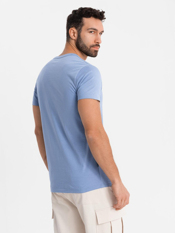 Ombre Clothing Pánske klasické bavlnené tričko BASIC s výstrihom do V - modré