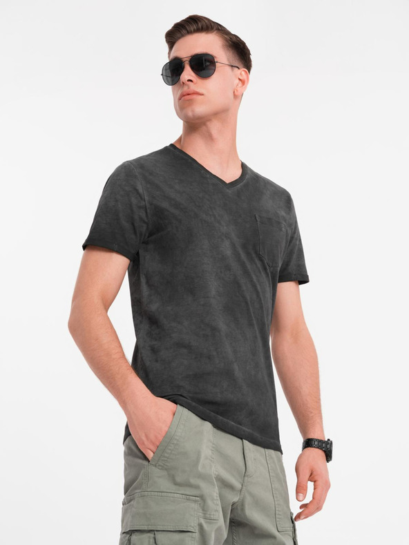 Ombre Clothing Pánske bavlnené tričko s výstrihom do V a praným efektom - čierne
