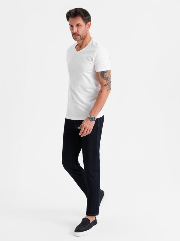Ombre Clothing Pánske klasické bavlnené tričko BASIC s výstrihom - biele