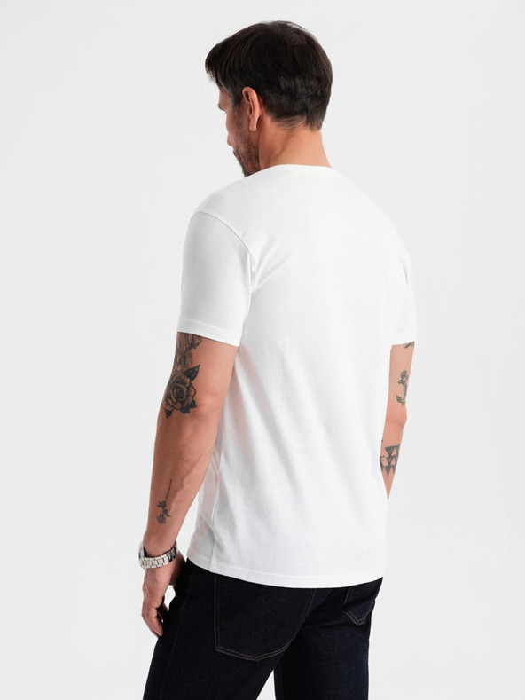 Ombre Clothing Pánske klasické bavlnené tričko BASIC s výstrihom - biele