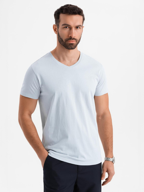 Ombre Clothing Pánske klasické bavlnené tričko BASIC s výstrihom - svetlo sivé