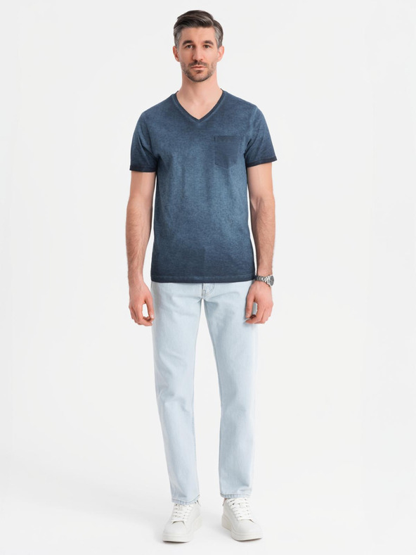 Ombre Clothing Pánske bavlnené tričko so výstrihom do V a praným efektom - tmavo modré