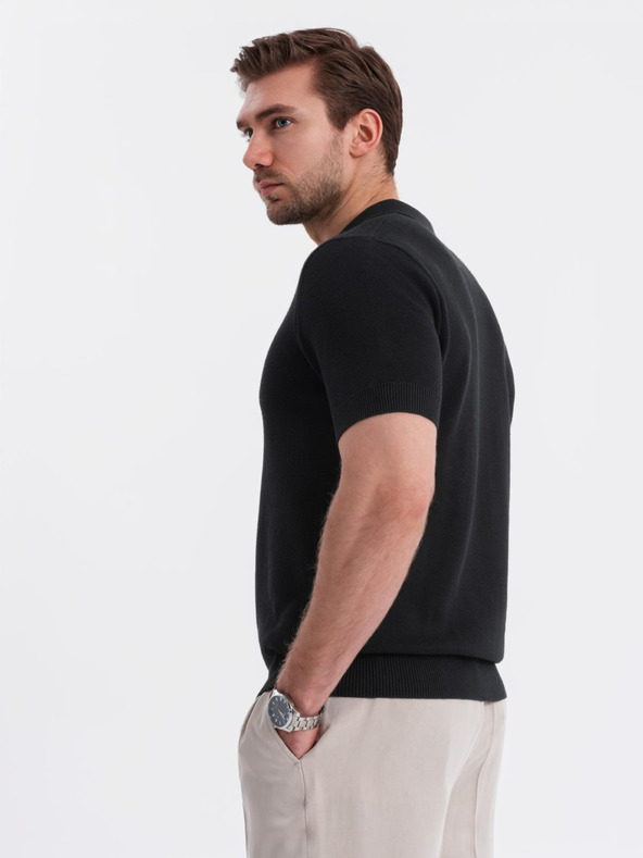 Ombre Clothing Pánske bavlnené polo tričko zo štruktúrovaného úpletu - čierne