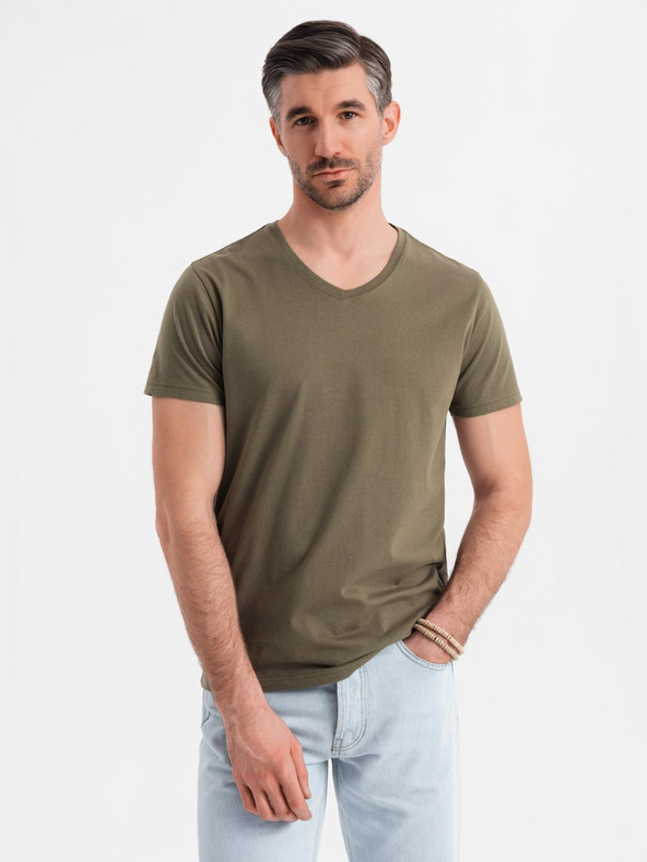 Ombre Clothing Pánske klasické bavlnené tričko BASIC so výstrihom do V - tmavo olivovo zelené