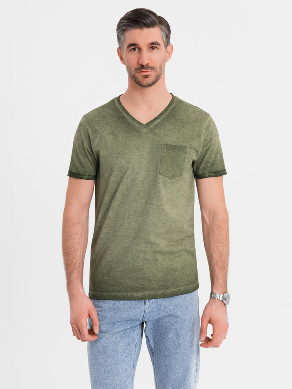 Ombre Clothing Pánske bavlnené tričko so výstrihom do V a praným efektom - olivové