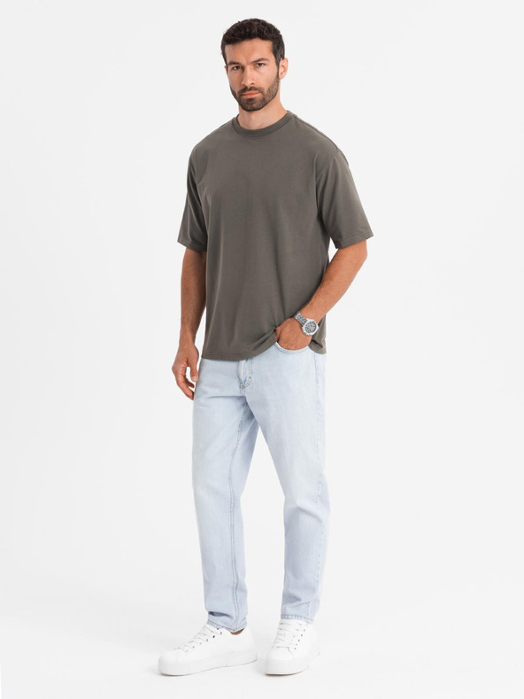 Ombre Clothing Pánske bavlnené tričko LOOSE FIT s okrúhlym výstrihom - tmavo olivové