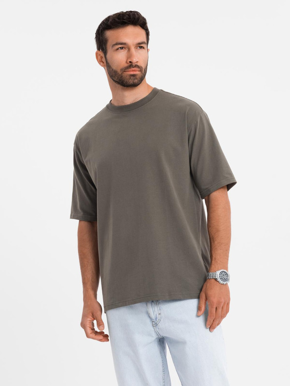Ombre Clothing Pánske bavlnené tričko LOOSE FIT s okrúhlym výstrihom - tmavo olivové