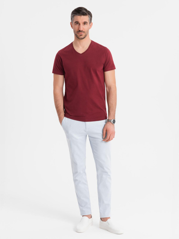 Ombre Clothing Bavlnené klasické pánske tričko BASIC so výstrihom do V - bordó