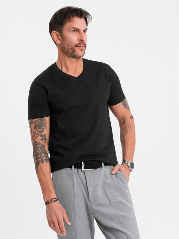 Ombre Clothing Pánske klasické bavlnené tričko BASIC so výstrihom - čierne