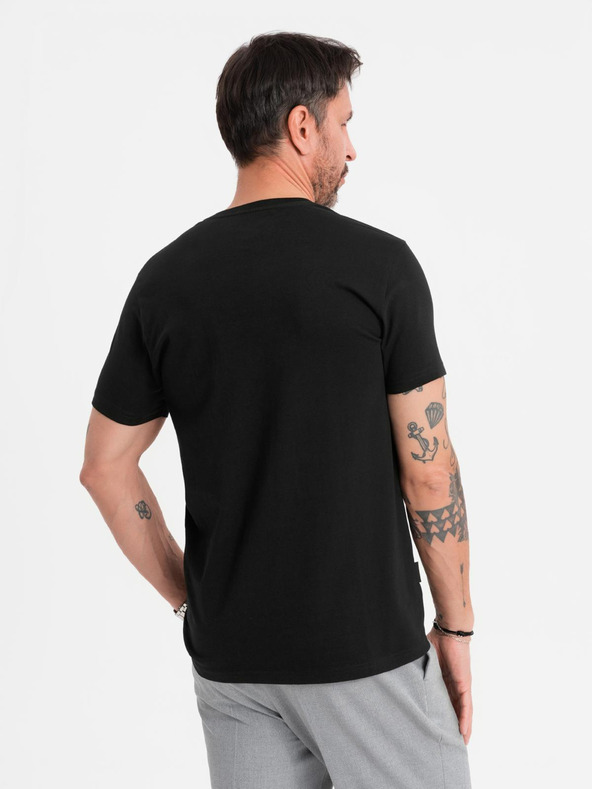 Ombre Clothing Pánske klasické bavlnené tričko BASIC so výstrihom - čierne