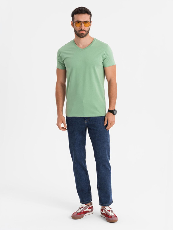 Ombre Clothing Bavlnené klasické pánske tričko BASIC so výstrihom do V - zelené
