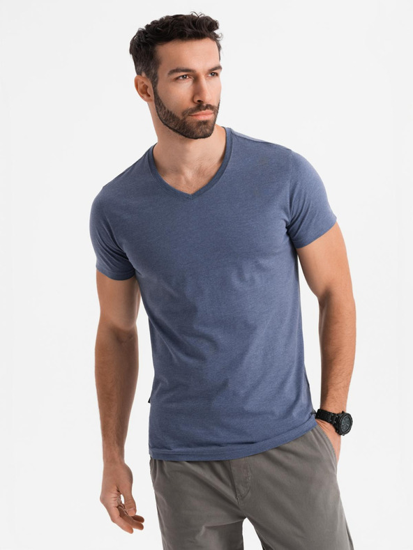 Ombre Clothing Pánske klasické bavlnené tričko BASIC so výstrihom do V - modrý melír