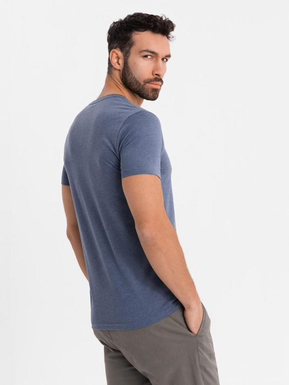 Ombre Clothing Pánske klasické bavlnené tričko BASIC so výstrihom do V - modrý melír