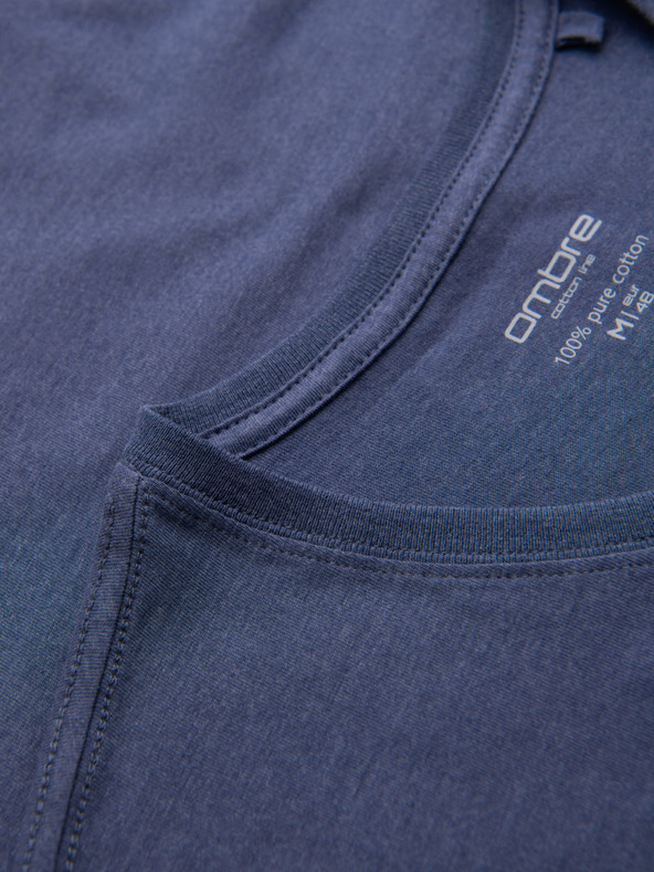 Ombre Clothing Pánske klasické bavlnené tričko BASIC so výstrihom do V - modrý melír
