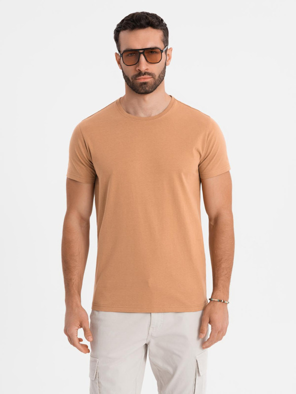 Ombre Clothing BASIC pánske klasické bavlnené tričko - hnedé