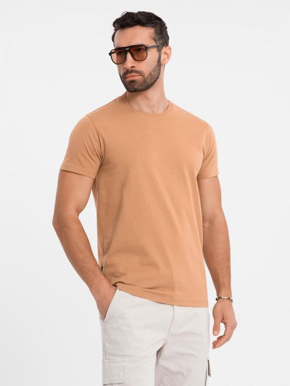 Ombre Clothing BASIC pánske klasické bavlnené tričko - hnedé