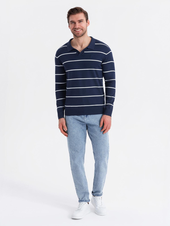 Ombre Clothing Pánska polokošeľa s dlhým rukávom a vodorovným pruhom z viskózy - tmavo modrá a biela