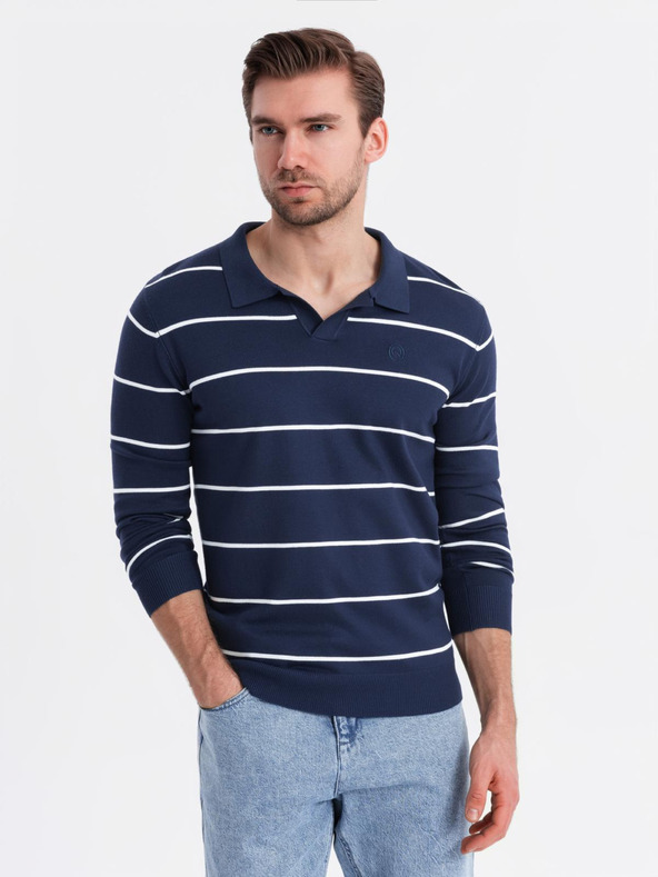Ombre Clothing Pánska polokošeľa s dlhým rukávom a vodorovným pruhom z viskózy - tmavo modrá a biela