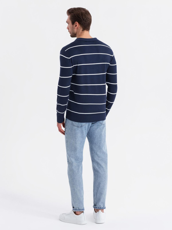 Ombre Clothing Pánska polokošeľa s dlhým rukávom a vodorovným pruhom z viskózy - tmavo modrá a biela