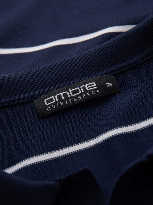 Ombre Clothing Pánska polokošeľa s dlhým rukávom a vodorovným pruhom z viskózy - tmavo modrá a biela