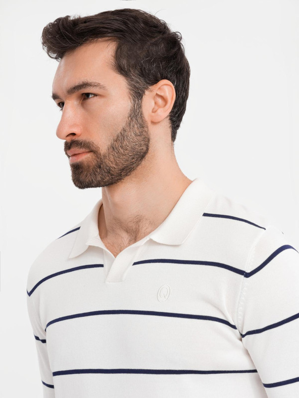 Ombre Clothing Pánska polokošeľa s dlhým rukávom a vodorovným pruhom z viskózy - biela a tmavo modrá