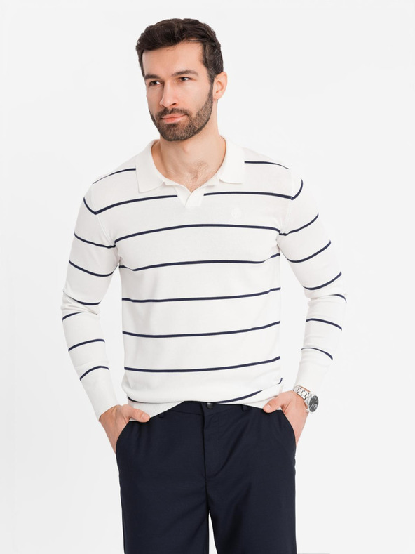 Ombre Clothing Pánska polokošeľa s dlhým rukávom a vodorovným pruhom z viskózy - biela a tmavo modrá