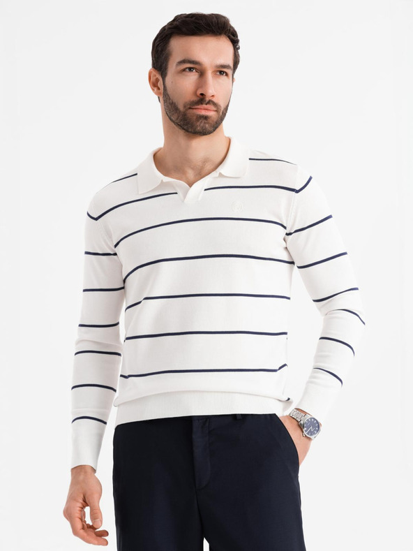 Ombre Clothing Pánska polokošeľa s dlhým rukávom a vodorovným pruhom z viskózy - biela a tmavo modrá