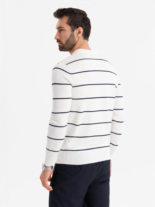 Ombre Clothing Pánska polokošeľa s dlhým rukávom a vodorovným pruhom z viskózy - biela a tmavo modrá