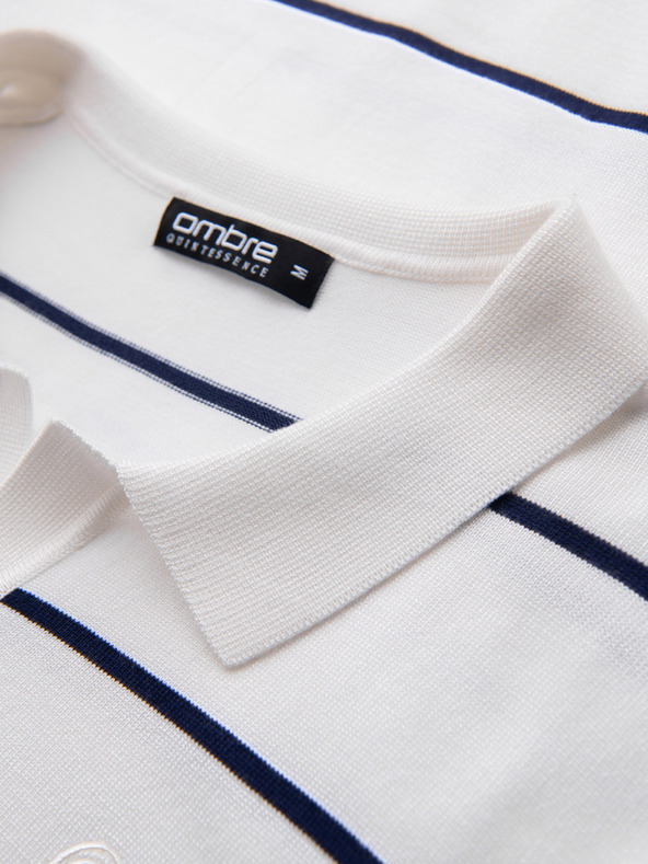 Ombre Clothing Pánska polokošeľa s dlhým rukávom a vodorovným pruhom z viskózy - biela a tmavo modrá