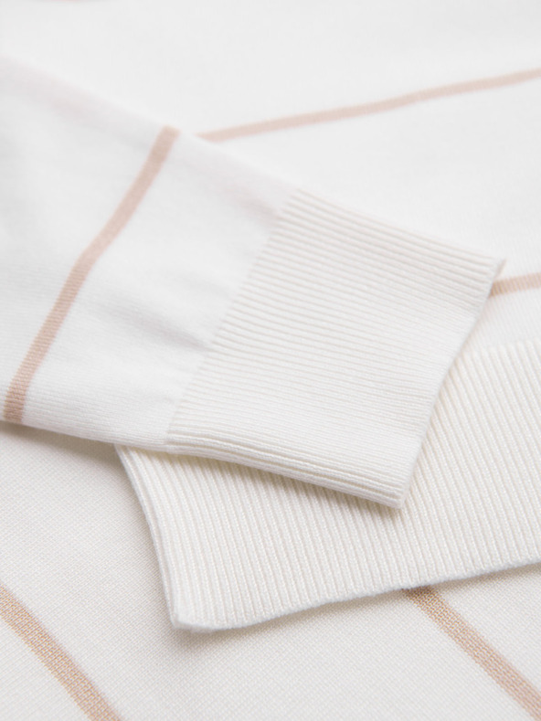 Ombre Clothing Pánska polokošeľa s dlhým rukávom a vodorovným pruhom z viskózy - biela a béžová