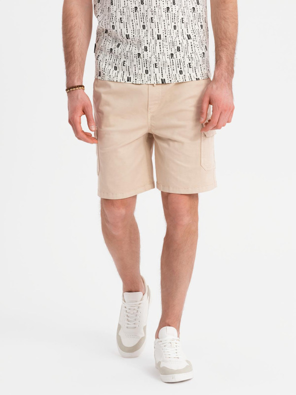 Ombre Clothing Pánske bavlnené cargo kraťasy s elastickým pásom - béžové