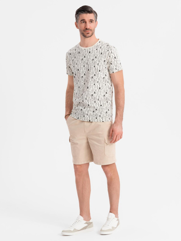 Ombre Clothing Pánske bavlnené cargo kraťasy s elastickým pásom - béžové