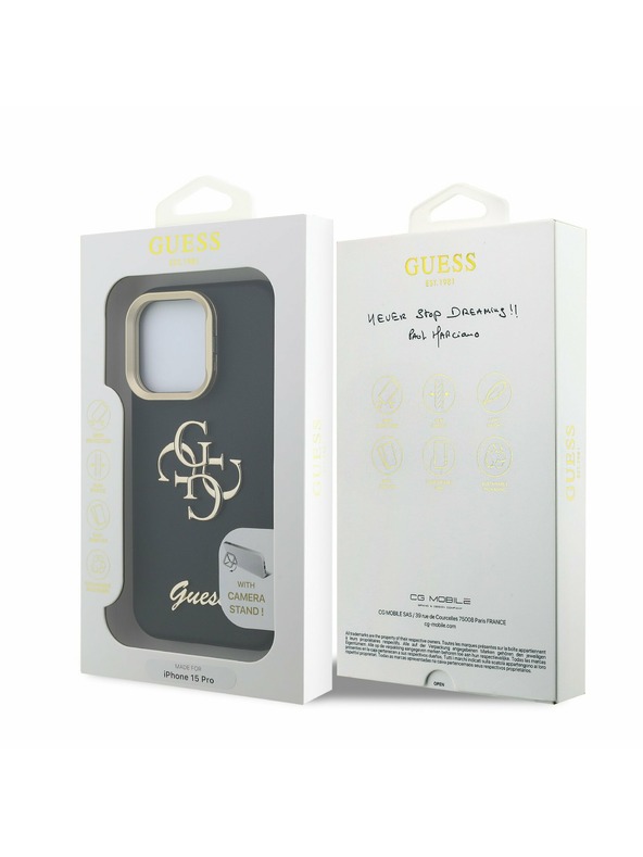 Guess Guess PU Grained 4G Logo Stand Camera Frame Zadný kryt pre iPhone 15 Pro Čierny